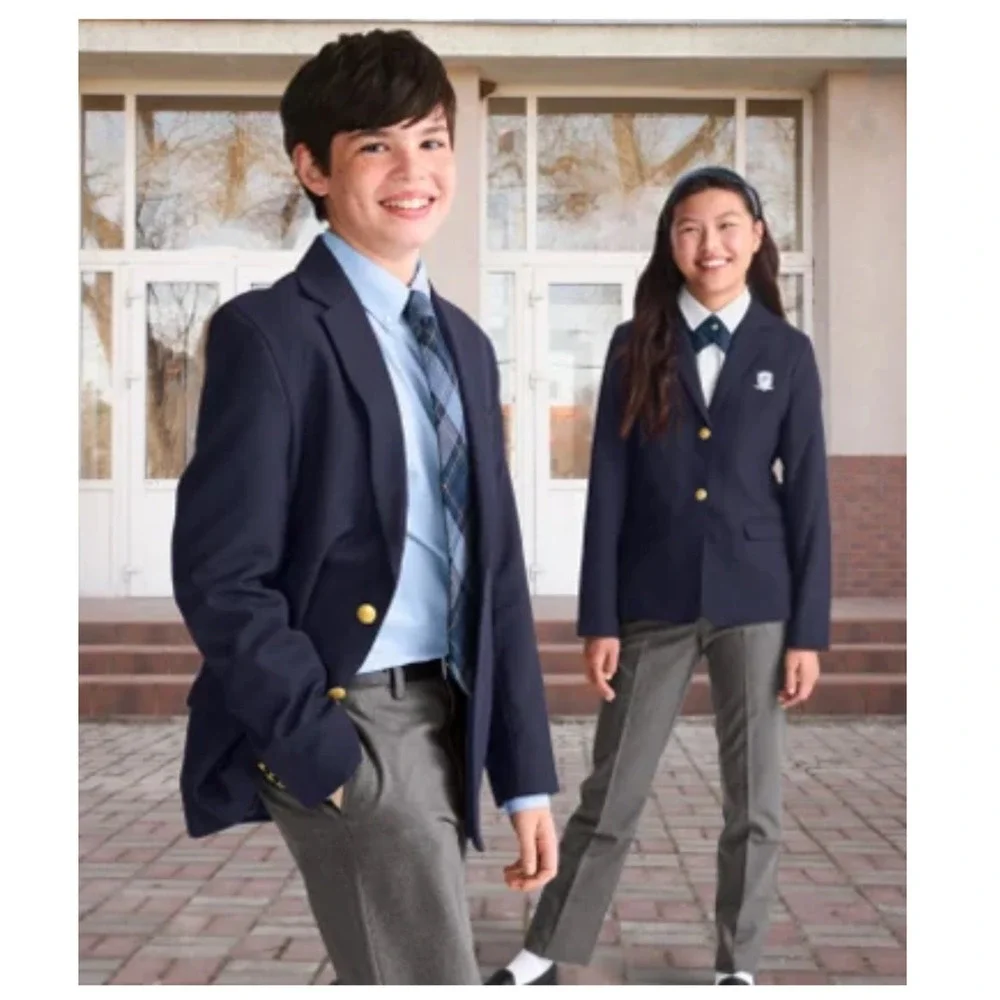 Lands End Navy Blue School Blazer Gold Buttons Boys Size 8 Cedar Hill Prep Patch